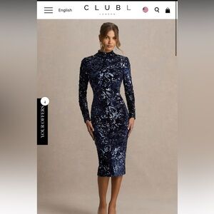 Navy Velvet And Sequin Embellished High-Neck Midi Dress With Long Sleeves